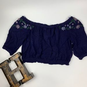 Tramp Off the Shoulder Embroidered Crop Top